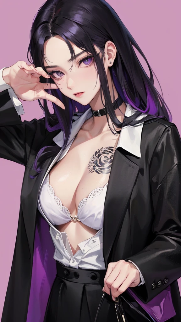 (Top resolution、Distinct_image)top-quality、female 、masterpiece、highly detailed、Semi-realistic、purple eyes 、18year old、young、cool clothing、Exquisite facial features、Facial features ,variations, potrait, a bar background, Black hair , long straight hairstyles, wear black suits, Mafia , yakuza, criminals , badass, Japanese tattoos on the arm