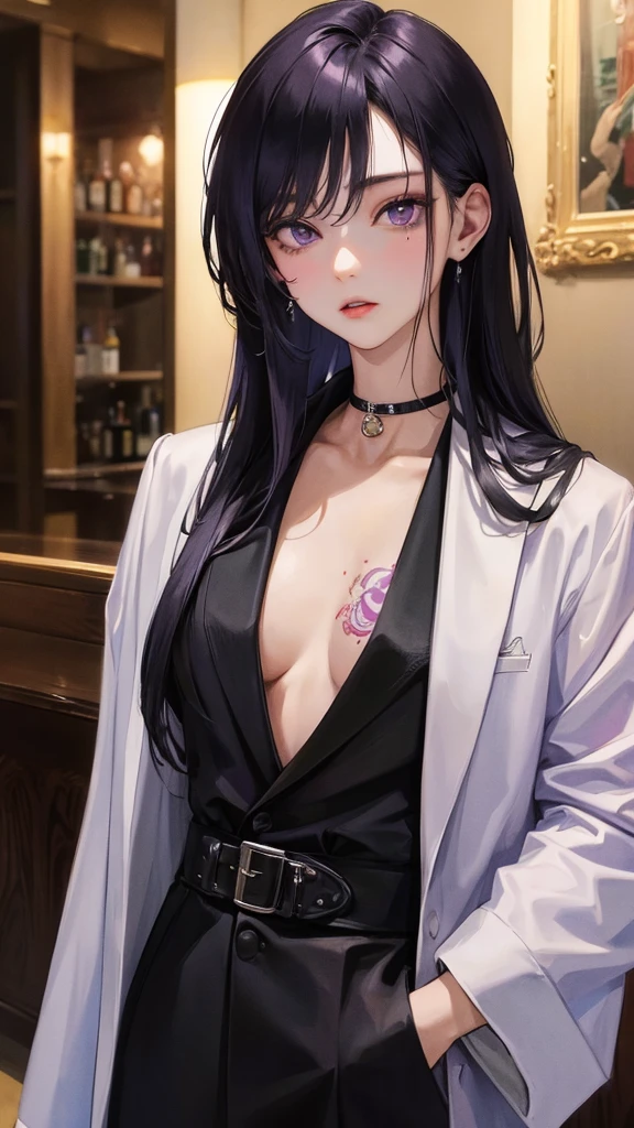 (Top resolution、Distinct_image)top-quality、female 、masterpiece、highly detailed、Semi-realistic、purple eyes 、18year old、young、cool clothing、Exquisite facial features、Facial features ,variations, potrait, a bar background, Black hair , long straight hairstyles, wear black suits, Mafia , yakuza, criminals , badass, Japanese tattoos on the arm