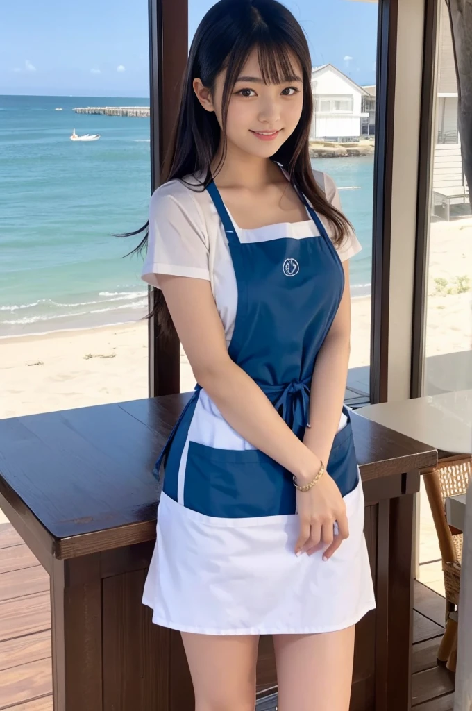 Pretty 21 year old woman（Japanese face）Wearing an apron and a miniskirt、Being at the beach house