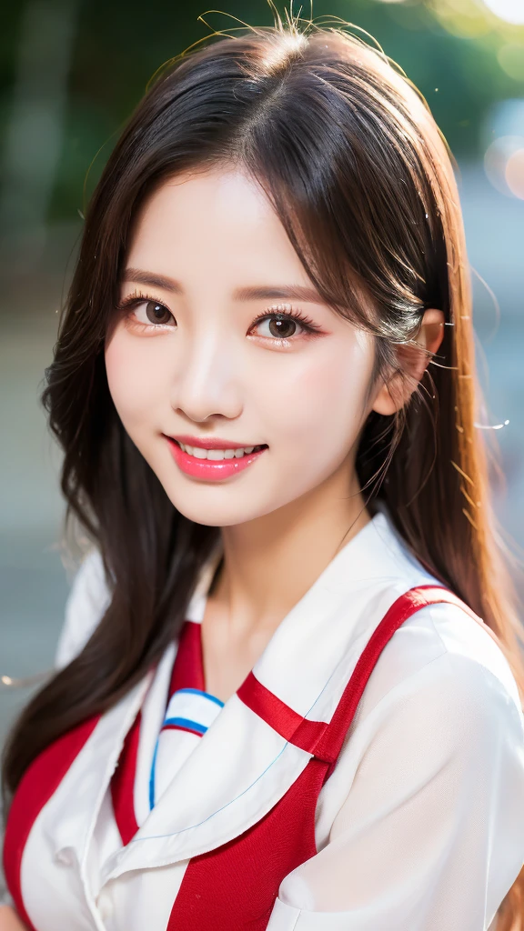 (best quality), ((8k, raw, masterpiece: 1.5)), ((professional photography, sharp: 1.2), ((half body photoshoot)), perfect dynamic composition, (natural sun light), (soft shadow), (1 girl), black medium curly hair, Ultra-detailed faces and skin, perfect Asian, gorgeous, White skin, (Delicate skin:1.4), (latex skin:0.4), (perfect glowing skin:0.3), (huge round breast: 1), light brown eyes, beautiful eyes, round eyes, pretty face, blush, glossy lips, plump lips, high nose bridge, glossy eyes, Really moist skin, (((huge smile))), looking at camera, (((wear red school uniform)))