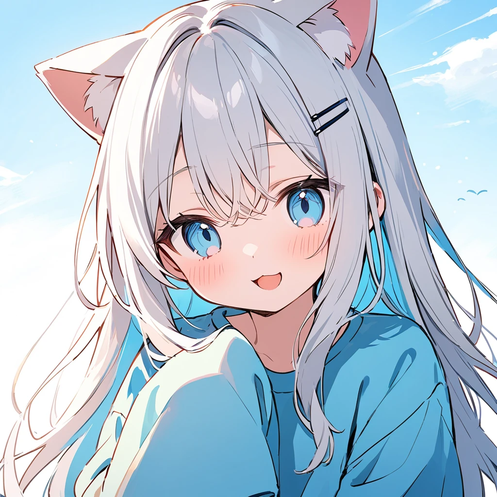 long hair, White hair, sky blue inner hair, open mouth, smile, flustered, Illustration where the pupil does not overlap the lower lash line, The lower half of the eye is white, vacant eyes, sky blue eyes, oversized clothes, sleeves past wrists, , sky blue cardigan, sky blue ribbon, piercing, stuffed animal, White background, 1girl, cat ear,solo, hairpin,Take a picture herself