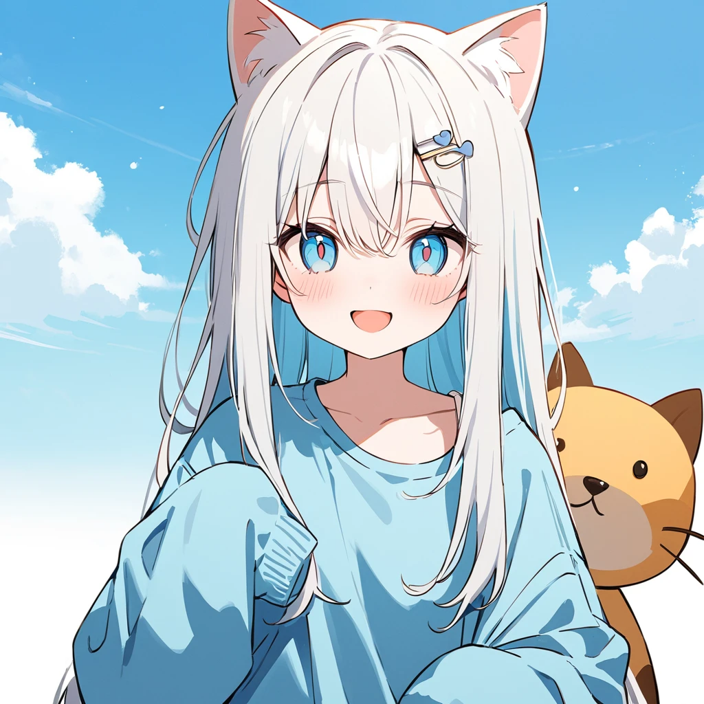 long hair, White hair, sky blue inner hair, open mouth, smile, flustered, Illustration where the pupil does not overlap the lower lash line, The lower half of the eye is white, vacant eyes, sky blue eyes, oversized clothes, sleeves past wrists, , sky blue cardigan, sky blue ribbon, piercing, stuffed animal, White background, 1girl, cat ear，solo, hairpin，Take a picture herself