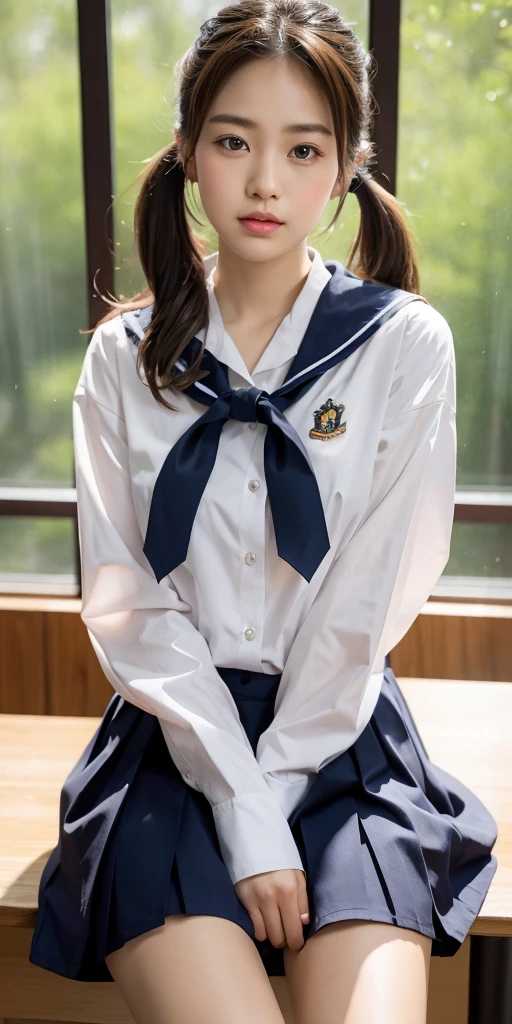 (extremely detailed CG unity 8k wallpaper,masterpiece, best quality, ultra-detailed),school classroom setting,sunlight filtering through trees,beautiful blonde high school girl with twintails and ahoge(D-cup),smartphone in hand,fidgeting with it,beautiful black-haired high school girl,thin and flat-chested, wearing sailor uniform,sitting on chair and having conversation with blonde girl who is sitting on desk,in the evening.