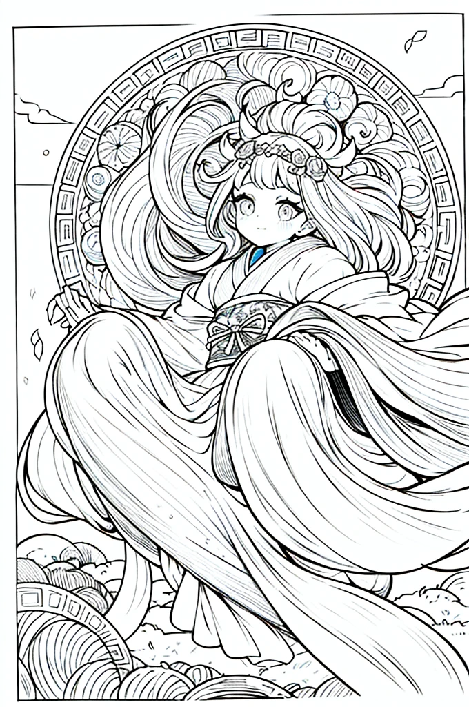 As a coloring book, the color should be black and white, the border should be simple, clear, and bold. A graceful Asian girl with elegant movements is performing a traditional Japanese dance in a grand [Kabuki theater]. She is wearing an exquisite [kimono with crane pattern], the flowing silk fabric accentuating her graceful movements. The girl's face is painted with delicate makeup, and her hair is adorned with an elaborate [hair ornament]. The intricate details of the kimono and the theater setting provide for the coloring book illustration.