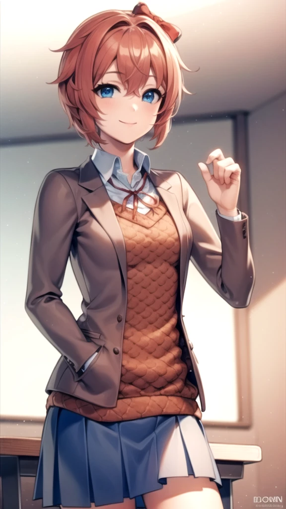 ddlcsayori, ddlcsayori, blue eyes, hair between eyes, hair bow, hair ornament, pink hair, red bow, short hair, (small breast:1.2),
BREAK blue skirt, pleated skirt, , skirt, brown jacket, jacket,
BREAK looking and smiling at viewer,
BREAK indoors, classroom,
BREAK (masterpiece:1.2), best quality, high resolution, unity 8k wallpaper, (illustration:0.8), (beautiful detailed eyes:1.6), extremely detailed face, perfect lighting, extremely detailed CG, (perfect hands, perfect anatomy),
