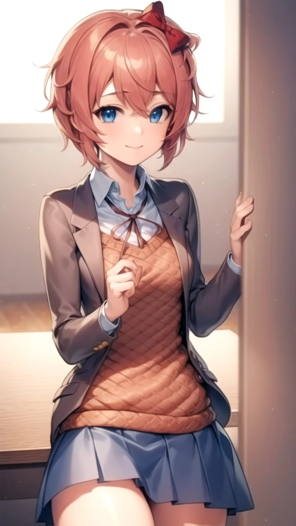 ddlcsayori, ddlcsayori, blue eyes, hair between eyes, hair bow, hair ornament, pink hair, red bow, short hair, (small breast:1.2),
BREAK blue skirt, pleated skirt, , skirt, brown jacket, jacket,
BREAK looking and smiling at viewer,
BREAK indoors, classroom,
BREAK (masterpiece:1.2), best quality, high resolution, unity 8k wallpaper, (illustration:0.8), (beautiful detailed eyes:1.6), extremely detailed face, perfect lighting, extremely detailed CG, (perfect hands, perfect anatomy),