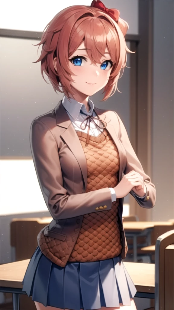ddlcsayori, ddlcsayori, blue eyes, hair between eyes, hair bow, hair ornament, pink hair, red bow, short hair, (small breast:1.2),
BREAK blue skirt, pleated skirt, , skirt, brown jacket, jacket,
BREAK looking and smiling at viewer,
BREAK indoors, classroom,
BREAK (masterpiece:1.2), best quality, high resolution, unity 8k wallpaper, (illustration:0.8), (beautiful detailed eyes:1.6), extremely detailed face, perfect lighting, extremely detailed CG, (perfect hands, perfect anatomy),