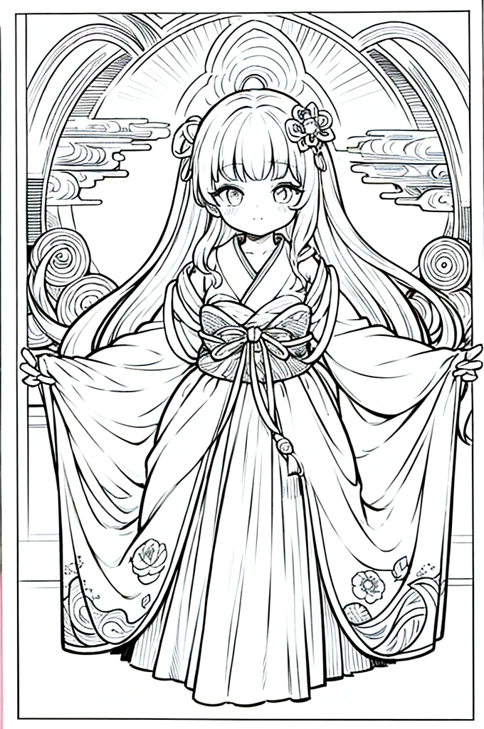 As a coloring book, the color should be black and white, the border should be simple, clear, and bold. A graceful Asian girl with elegant movements is performing a traditional Japanese dance in a grand [Kabuki theater]. She is wearing an exquisite [kimono with crane pattern], the flowing silk fabric accentuating her graceful movements. The girl's face is painted with delicate makeup, and her hair is adorned with an elaborate [hair ornament]. The intricate details of the kimono and the theater setting provide for the coloring book illustration.