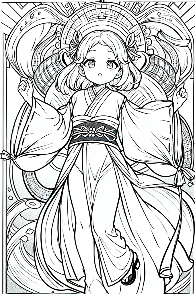 As a coloring book, the color should be black and white, the border should be simple, clear, and bold. A graceful Asian girl with elegant movements is performing a traditional Japanese dance in a grand [Kabuki theater]. She is wearing an exquisite [kimono with crane pattern], the flowing silk fabric accentuating her graceful movements. The girl's face is painted with delicate makeup, and her hair is adorned with an elaborate [hair ornament]. The intricate details of the kimono and the theater setting provide for the coloring book illustration.