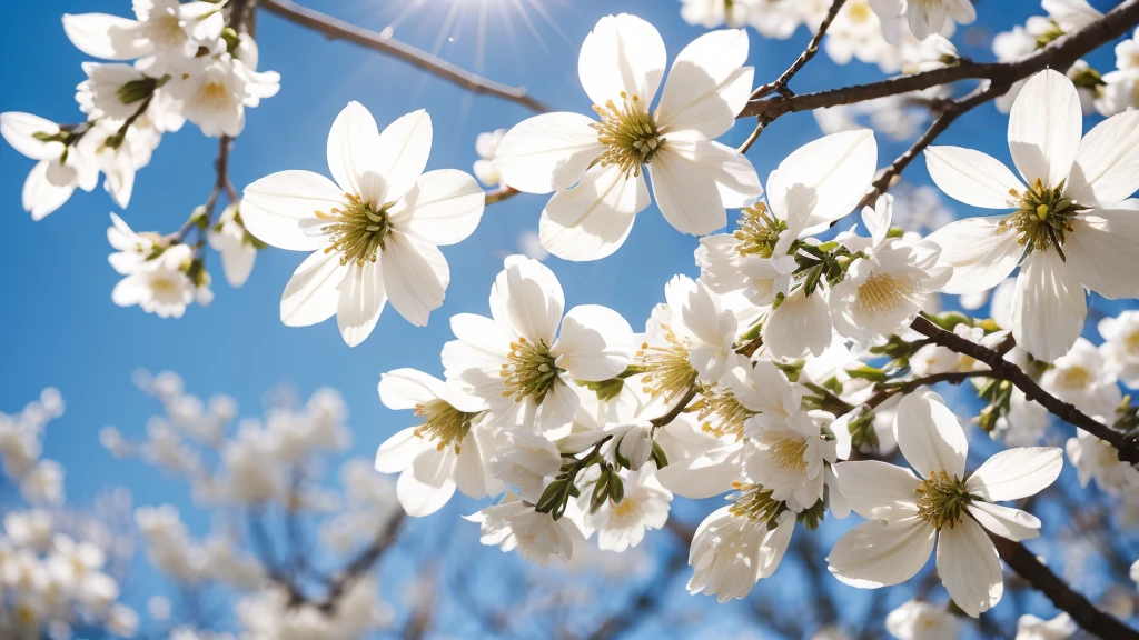 Sun Shine Through White Flowers On Branches. Spring Season