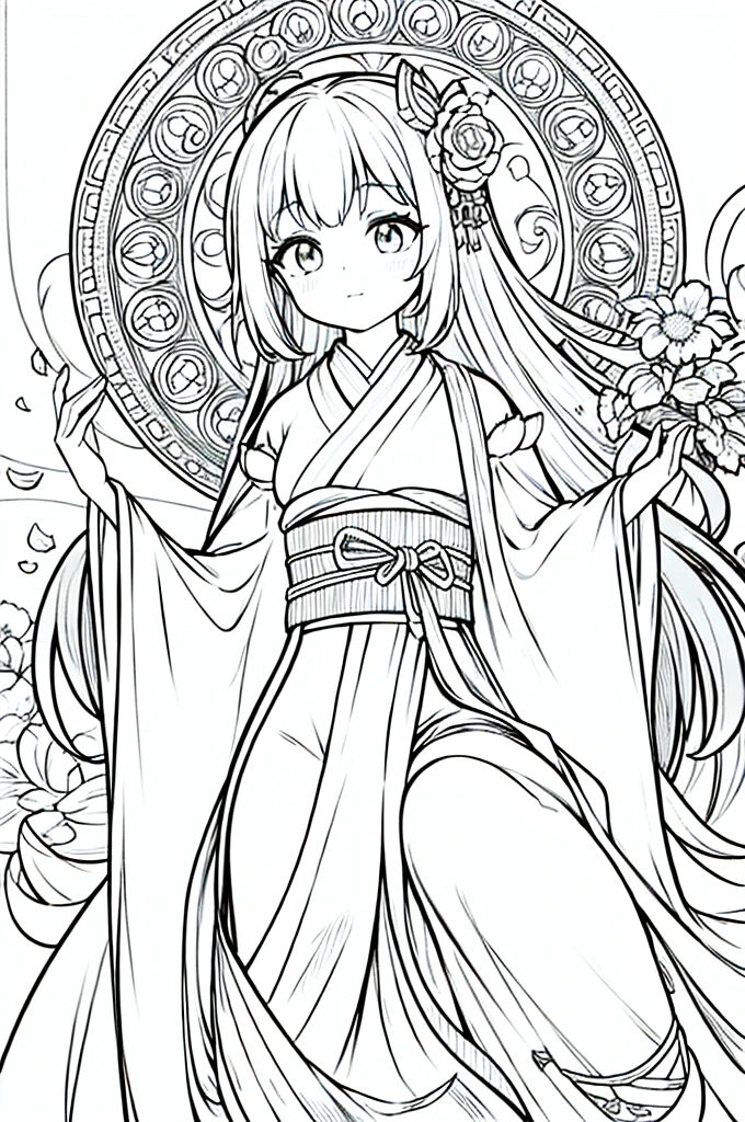 As a coloring book, the color should be black and white, the border should be simple, clear, and bold. A graceful Asian girl with elegant movements is performing a traditional Japanese dance in a grand [Kabuki theater]. She is wearing an exquisite [kimono with crane pattern], the flowing silk fabric accentuating her graceful movements. The girl's face is painted with delicate makeup, and her hair is adorned with an elaborate [hair ornament]. The intricate details of the kimono and the theater setting provide for the coloring book illustration.