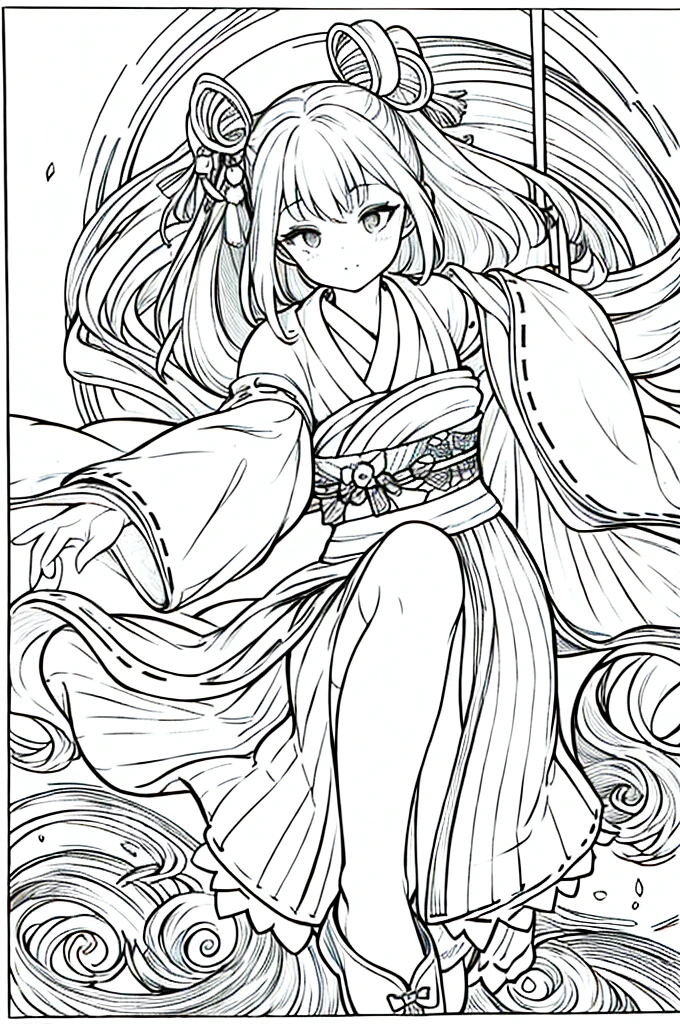 As a coloring book, the color should be black and white, the border should be simple, clear, and bold. A graceful Asian girl with elegant movements is performing a traditional Japanese dance in a grand [Kabuki theater]. She is wearing an exquisite [kimono with crane pattern], the flowing silk fabric accentuating her graceful movements. The girl's face is painted with delicate makeup, and her hair is adorned with an elaborate [hair ornament]. The intricate details of the kimono and the theater setting provide for the coloring book illustration.