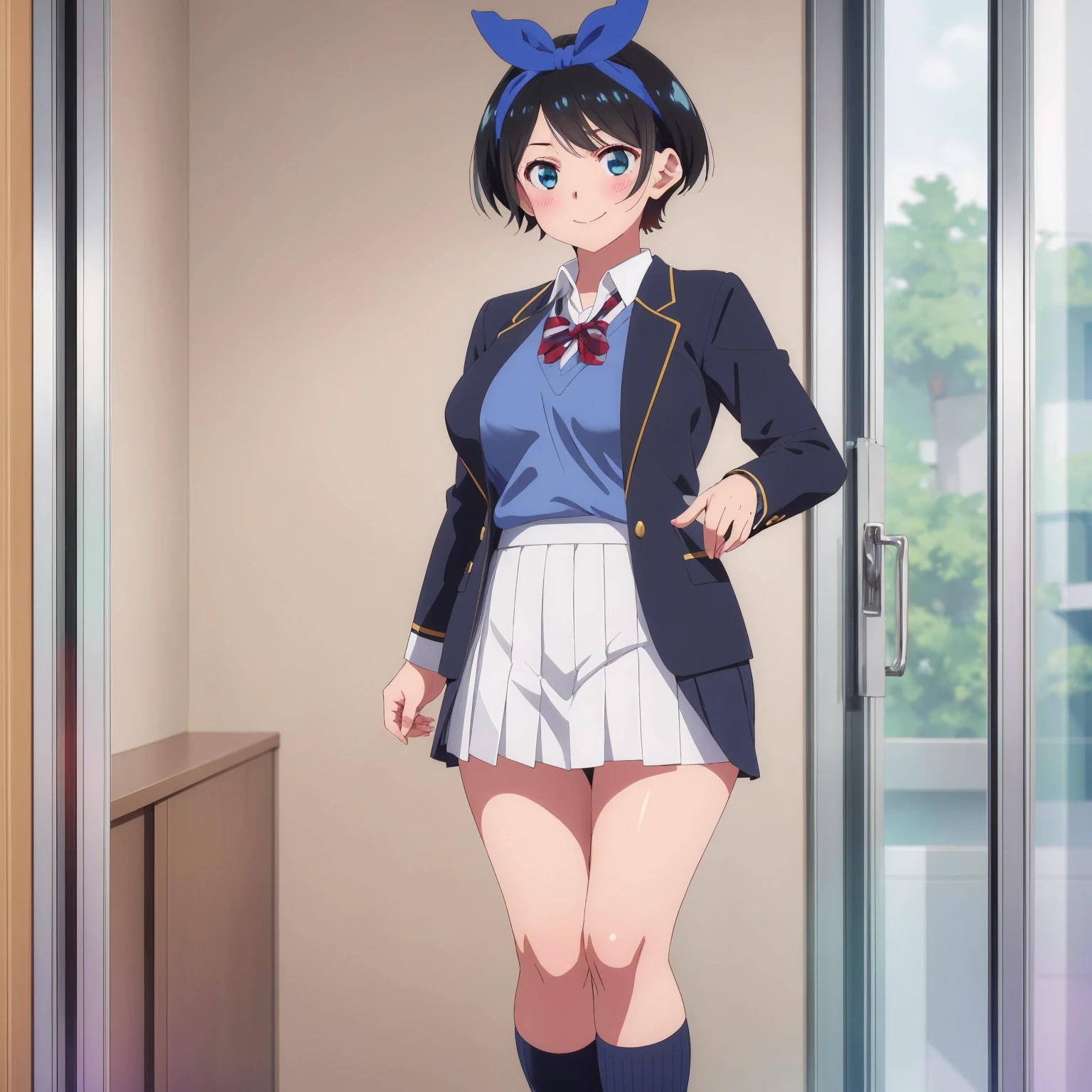 (((Pixel Perfect, Perfect in every detail,nsfw))), alone, One girl, Ruka Sarashina, Blue Ribbon, big , (school uniform), View your viewers, smile, In the room, Are standing