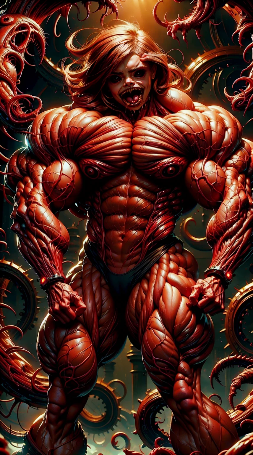 (1 girl), (cara delevingne), young girl, carnage muscular physique, seductive face, mouth wide open carnage style, long red hair, perfect muscular body, super skinny legs, cybernetic muscle suit, sissy, femboy, (carnage style physique),
