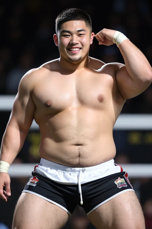 ((highest quality)), ((masterpiece)), (detailed), ((Perfect Face)), 4k, Shaved head, Young Japanese, Muscular, Fat body, Very big man, smile, ((showing off crotch))A large Japanese man topless、whole body、Rugby last week、Thick legs、Thick arm muscles、Intimidating、whole body、wearing a very tight black shorts、((topless))