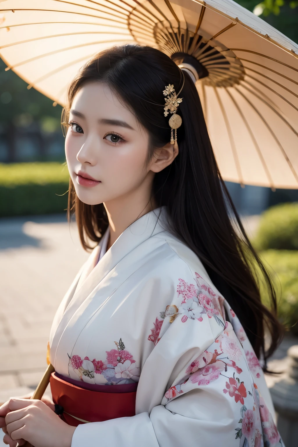 masterpiece, close up, A hyper-realistic masterpiece featuring a beautiful, elegant woman wearing traditional Japanese clothing. Hyperdetailed face, She holds a colorful umbrella and walks into a palace. The scene is inspired by ancient Japanese beauties and princesses, with a harmonious blend of traditional Japanese art. The image is of the highest quality, ultra-high definition (UHD), and captures the essence of Japan’s Emperor’s dynasty, UHD, best resolution, portrait, 28K.