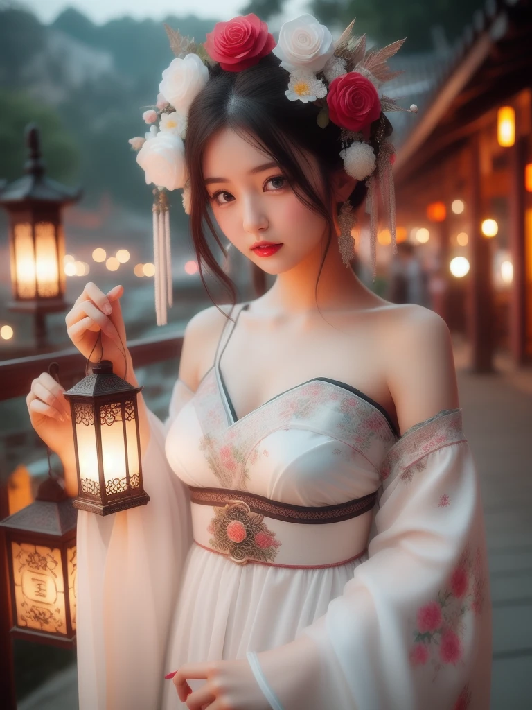 hands_, 1girl, lantern, hair ornament, flower, hair flower, paper lantern, black hair, red lips, looking at viewer, chinese clothes, holding, dress, blurry, solo focus, long hair, black eyes, realistic, bare shoulders, white dress, lips, night, lipstick, outdoors, upper body, blurry background, solo, makeup, hair bun, big breasts, exposed shoulders, exposed waist, exposed thighs
