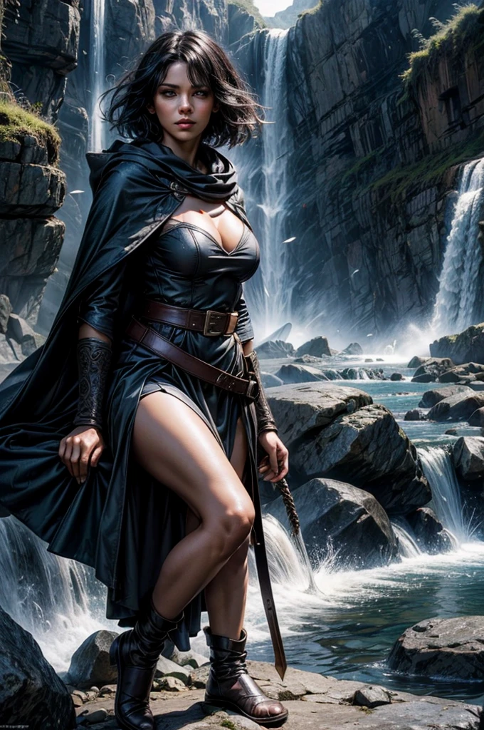 MariaCalavera, dark skin, black hair, short hair, silver eyes, dress, cleavage, cape, belts, hood, cowboy shot, (dynamic pose), sitting in field in valley, BREAK mountains in background, waterfall, crowd, (crowd in military uniform), (volumetric lighting), intricate details, tonemapping, sharp focus, hyper detailed 