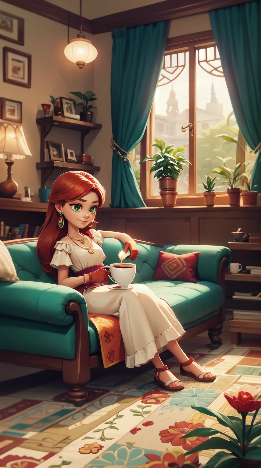 Concept Art,character illustration of a,European and American cartoons,（whole body：1.5），Mid-Long View，carpet，Looking at the camera，shoe，（一个20岁的Red hair女生悠闲的sit在living room，Holding a cup of coffee：1.2），A laid-back expression，Relax，Leisure，European and American cartoons，1 Girl,freckle,Solitary,Jewelry,Green Eyes,Weaving,earrings,twin Weavings,necklace,Looking at the audience,Red hair,plant,Puff sleeves,bracelet,Smile,Long hair,puffy short sleeve,Necklace,dress，flower，Coffee cup，Gloves，earrings，Jewelry，肘部Gloves，cup，，sit，sofa，window，cake，小cake，sofa，living room，solo
