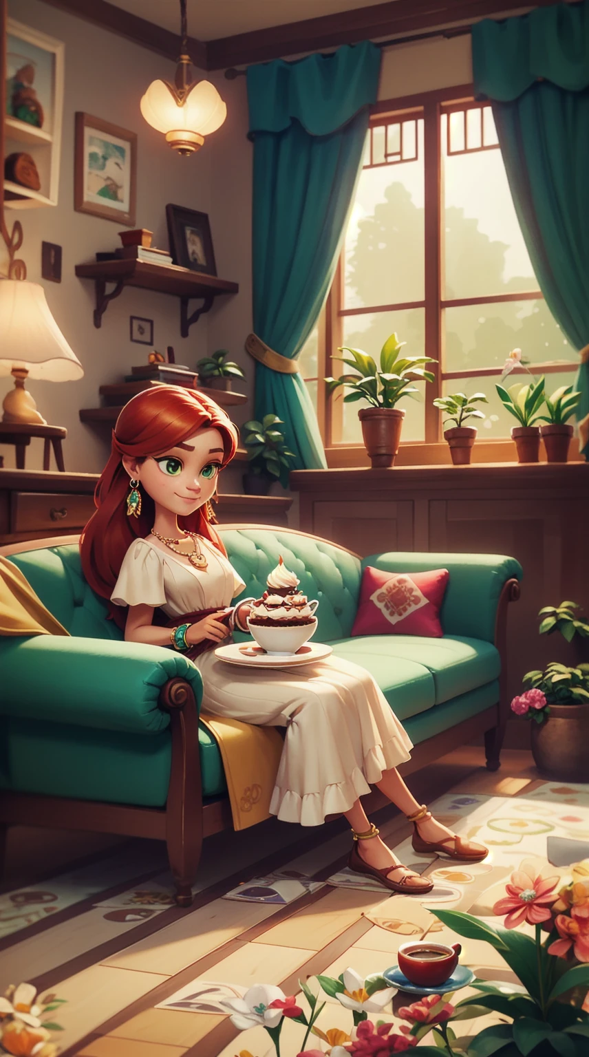 Concept Art,character illustration of a,European and American cartoons,(whole body:1.5),Mid-Long View,carpet,Looking at the camera,shoe,(一个20岁的Red hair女生悠闲的sit在living room,Holding a cup of coffee:1.2),A laid-back expression,Relax,Leisure,European and American cartoons,1 Girl,freckle,Solitary,Jewelry,Green Eyes,Weaving,earrings,twin Weavings,necklace,Looking at the audience,Red hair,plant,Puff sleeves,bracelet,Smile,Long hair,puffy short sleeve,Necklace,dress,flower,Coffee cup,Gloves,earrings,Jewelry,肘部Gloves,cup,,sit,sofa,window,cake,小cake,sofa,living room,solo