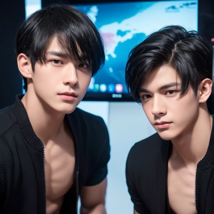 2 boy twins, perfect body, very handsome, 8k, dynamic selfie pose, high quality, very detailed, Black Hair, Black Eyes, Facing Camera, the computer background, wear thief outfit, close up