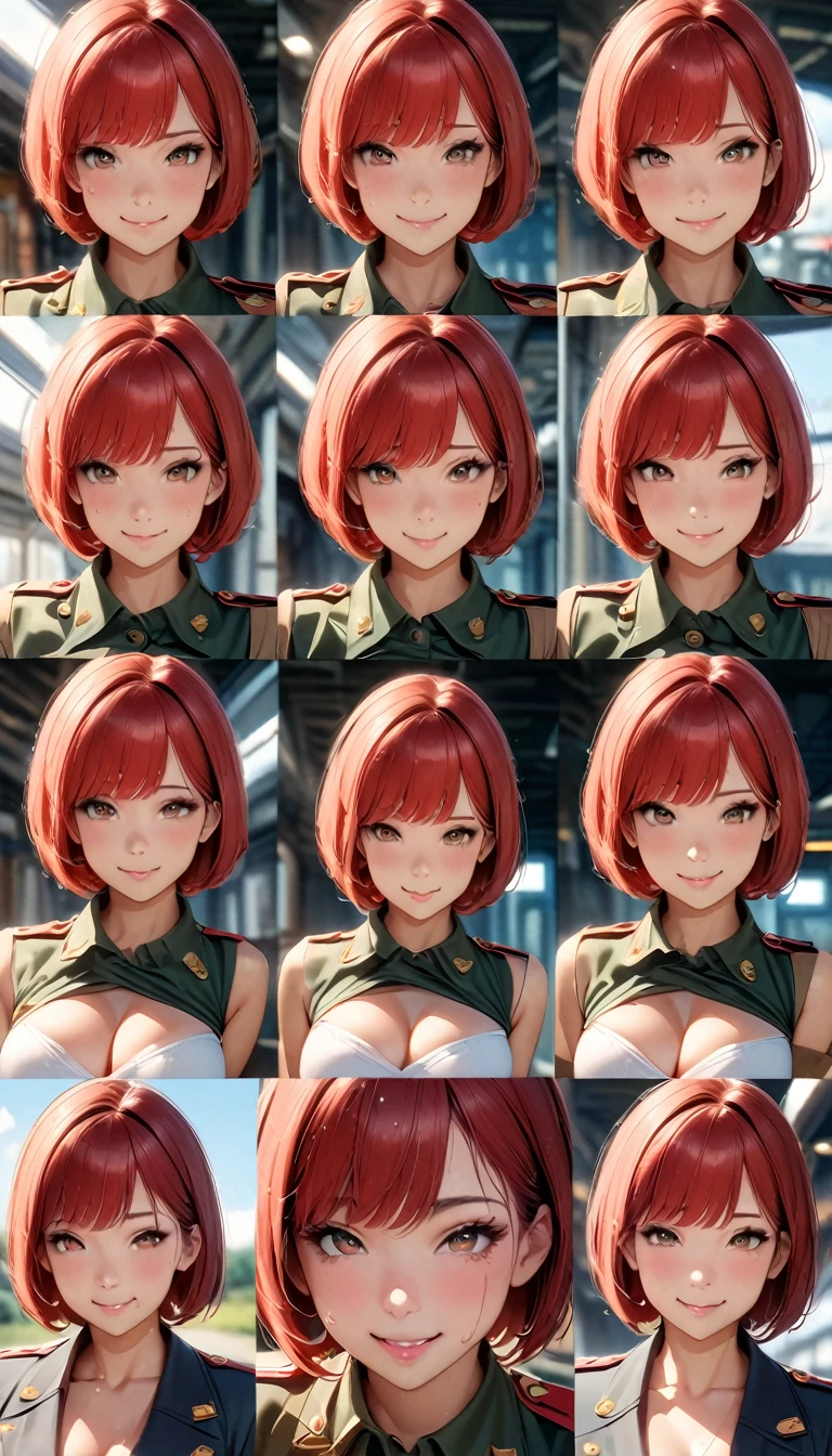 (Highest quality, 8K, 4K, High resolution, masterpiece:1.2), Very detailed, Anime Style:0.9, Realistic, Bright colors, Written boundary depth, Blurred Background, alone, 1 female, (Red Hair, Short Bob, Cut straight、Straight bangs, Dark brown eyes), Beautiful facial details, Beautiful Eyes, Long eyelashes, Soft lips, (Small face), (smile:1.3), Rear View, ((uniform:1.2, )), train, (Sit with your legs apart), Lace Underwear, Big cleavage, Expressions of ecstasy, Sweat, Blushing, My body is soaked, Wet Panties,