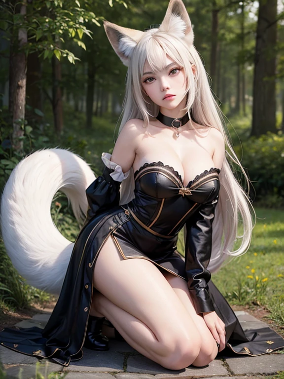 ((Highest quality)), ((masterpiece)), (Familiar), Perfect Face, fox lady, Pretty girl, Fox Ears, Fox tail, She has a northern fox tail, She wags her fluffy tail, fur collar, Beautiful hip line, Big , Thick thighs, A big tail growing out from under the skirt, Nice body, On all fours , Shyly staring at his tail, Only one tail, troubled face