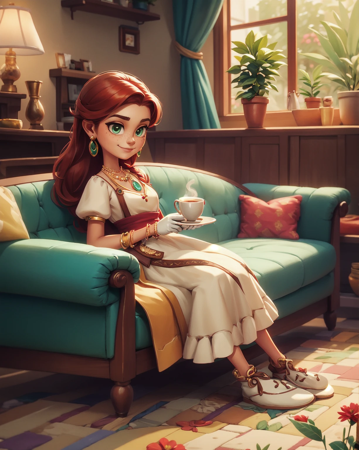 Concept Art,character illustration of a,European and American cartoons,（whole body：1.5），Mid-Long View，carpet，（Puppy lying on the floor），shoe，一个20岁的金发女生悠闲的sit在living room，Holding a cup of coffee，A laid-back expression，Relax，Leisure，European and American cartoons，1 Girl,freckle,Solitary,Jewelry,Green Eyes,Weaving,earrings,twin Weavings,necklace,Looking at the audience,Red hair,plant,Puff sleeves,bracelet,Smile,Long hair,puffy short sleeve,Necklace,dress，flower，Coffee cup，Gloves，earrings，Jewelry，肘部Gloves，cup，，sit，sofa，window，sofa，living room，solo