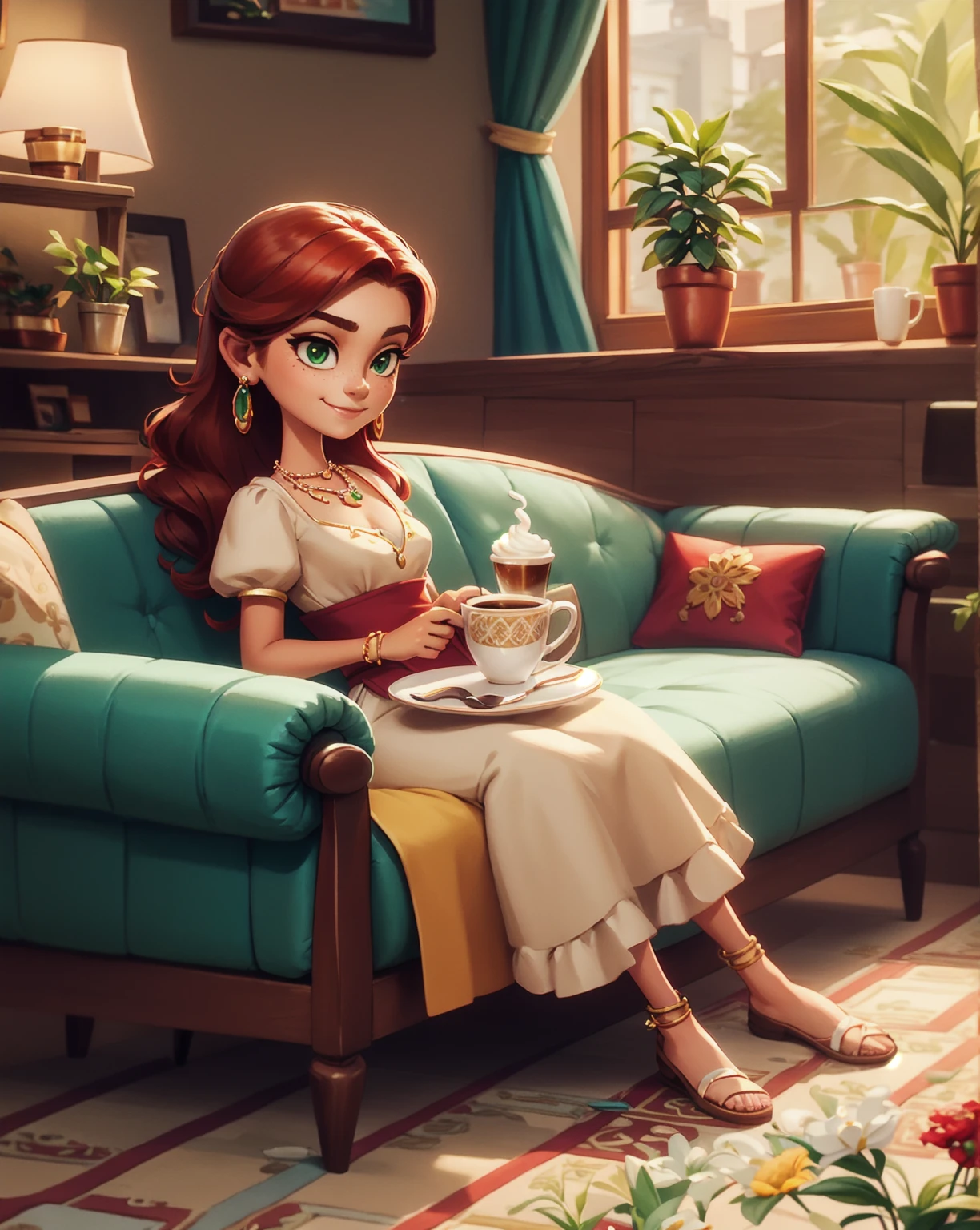 Concept Art,character illustration of a,European and American cartoons,（whole body：1.5），Mid-Long View，carpet，（Puppy lying on the floor），shoe，一个20岁的金发女生悠闲的sit在living room，Holding a cup of coffee，A laid-back expression，Relax，Leisure，European and American cartoons，1 Girl,freckle,Solitary,Jewelry,Green Eyes,Weaving,earrings,twin Weavings,necklace,Looking at the audience,Red hair,plant,Puff sleeves,bracelet,Smile,Long hair,puffy short sleeve,Necklace,dress，flower，Coffee cup，Gloves，earrings，Jewelry，肘部Gloves，cup，，sit，sofa，window，sofa，living room，solo