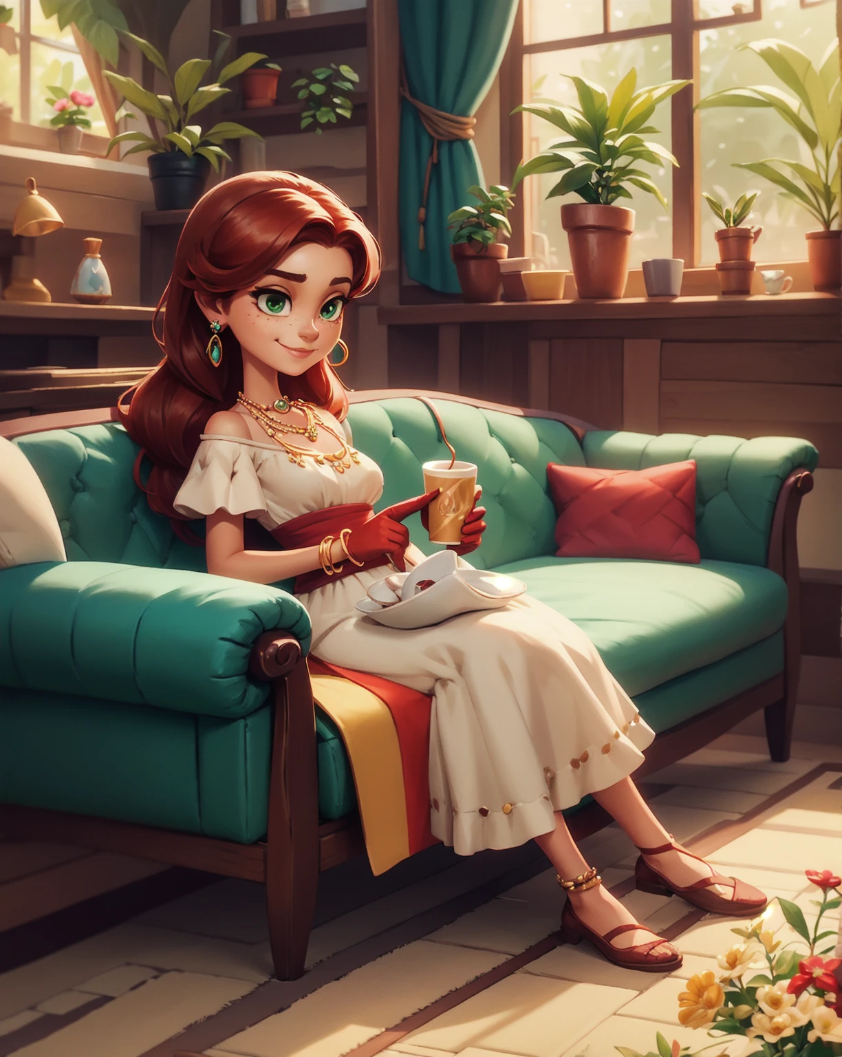 Concept Art,character illustration of a,European and American cartoons,（whole body：1.5），Mid-Long View，carpet，（Puppy lying on the floor），shoe，一个20岁的金发女生悠闲的sit在living room，Holding a cup of coffee，A laid-back expression，Relax，Leisure，European and American cartoons，1 Girl,freckle,Solitary,Jewelry,Green Eyes,Weaving,earrings,twin Weavings,necklace,Looking at the audience,Red hair,plant,Puff sleeves,bracelet,Smile,Long hair,puffy short sleeve,Necklace,dress，flower，Coffee cup，Gloves，earrings，Jewelry，肘部Gloves，cup，，sit，sofa，window，sofa，living room，solo