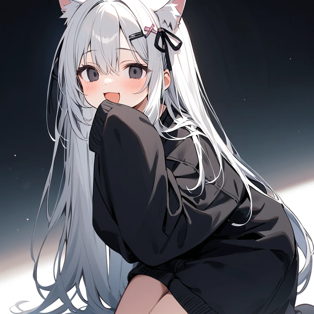 long hair, White hair, black inner hair, open mouth, smile, flustered, Illustration where the pupil does not overlap the lower lash line, The lower half of the eye is white, vacant eyes, black eyes, oversized clothes, sleeves past wrists, , black cardigan, black ribbon, piercing, stuffed animal, White background, 1girl, cat ear,solo, hairpin,Take a picture herself