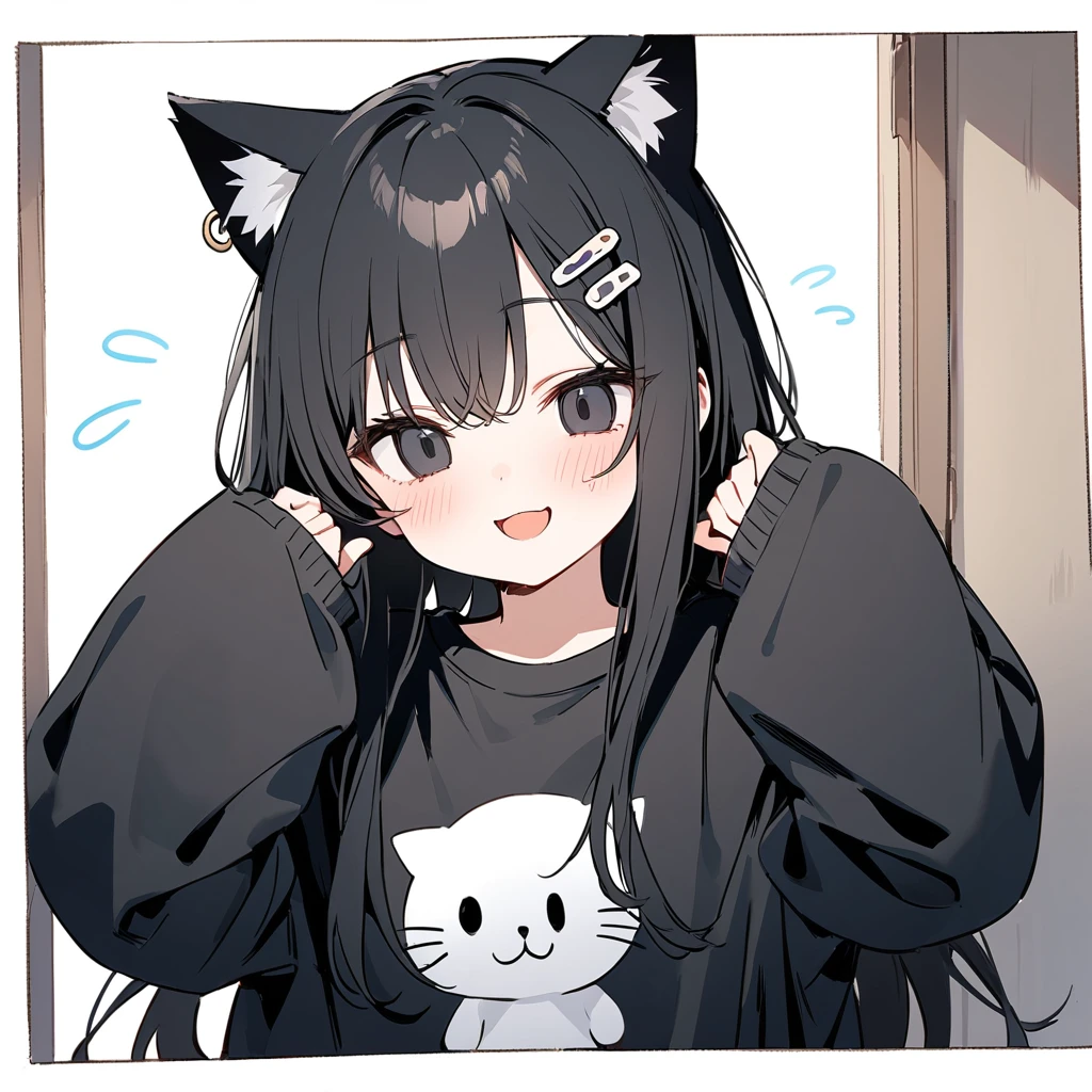 long hair, White hair, black inner hair, open mouth, smile, flustered, Illustration where the pupil does not overlap the lower lash line, The lower half of the eye is white, vacant eyes, black eyes, oversized clothes, sleeves past wrists, , black cardigan, black ribbon, piercing, stuffed animal, White background, 1girl, cat ear,solo, hairpin,Take a picture herself