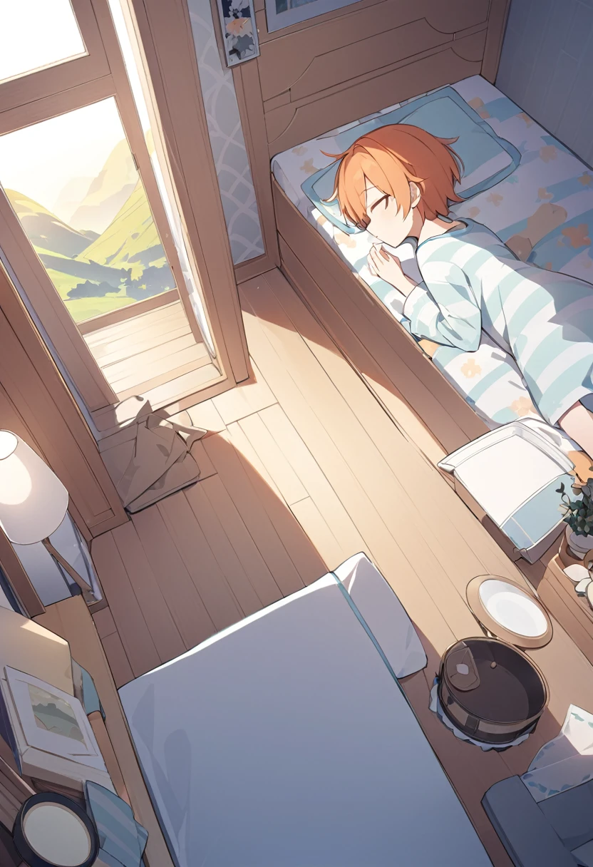 Orange Hair、man、man高校生、boy、Lying down、Pajamas、pajamas、Open your eyes、Landscape、profile、真顔のprofile、Inside the room、Short Hair、From above、From above視点、真From aboveの視点