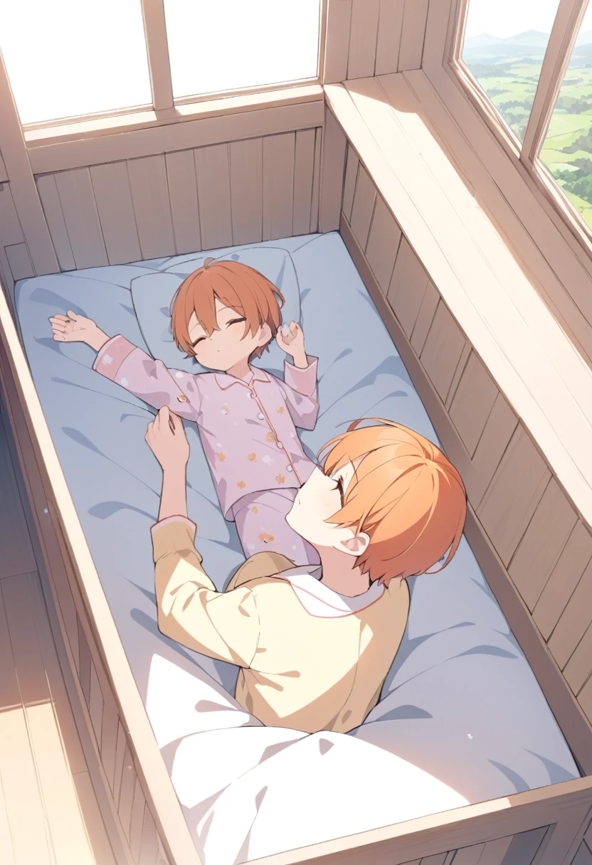 Orange Hair、man、man高校生、boy、Lying down、Pajamas、pajamas、Open your eyes、Landscape、profile、真顔のprofile、Inside the room、Short Hair、From above、From above視点、真From aboveの視点