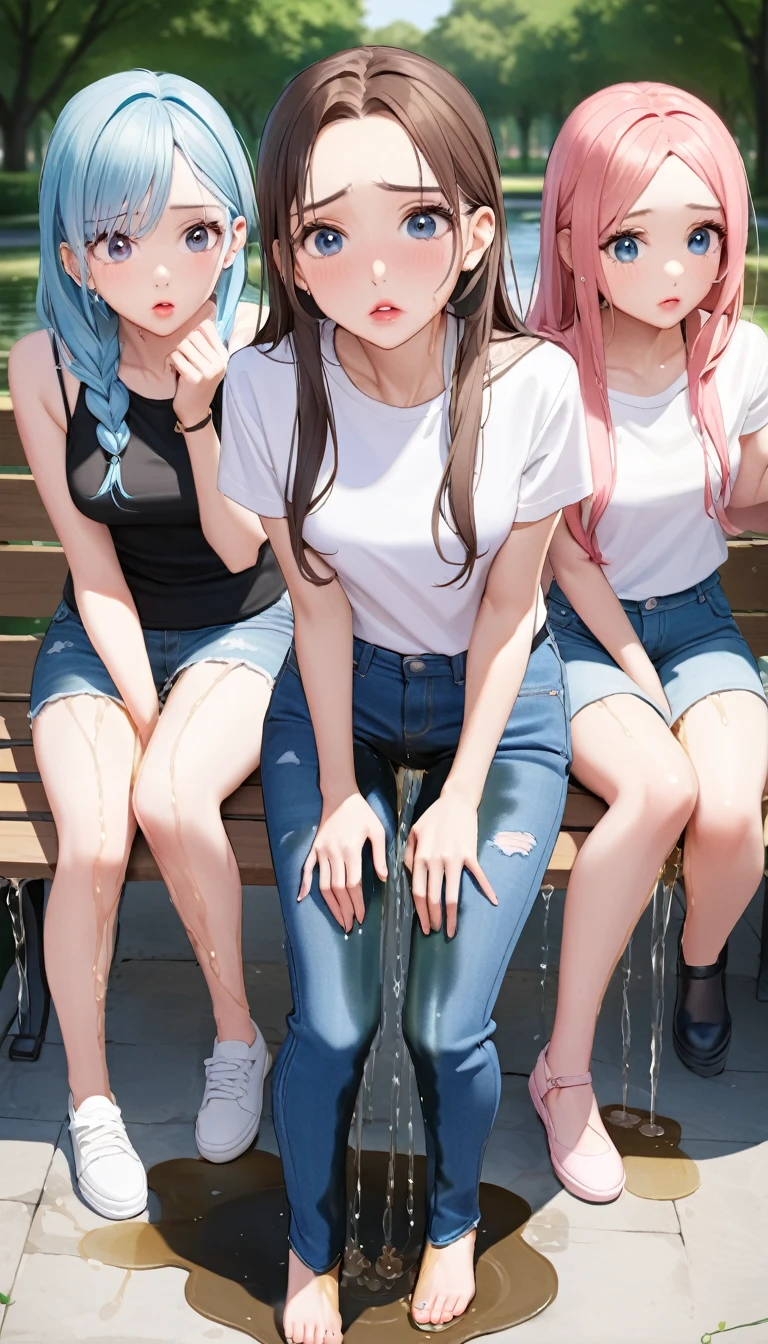 3 girls 7 anime, The pussy is clearly visible, rubbing their pussies with their hands, very thin legs, flat chest with bright nipples, thin waist, narrow hips, small ass, naked at the bus stop, Squat, Group photo, urination, писают, shame, fear, horror in the eyes, fear
