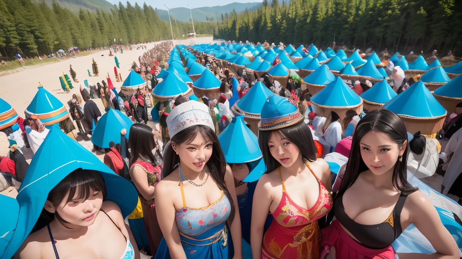 8k, top quality, finish: 1.2), (realistic, photo-realistic: 1.37), highly detailed, (100 girls), This realistic image shows a large group of Khazakstan women wearing colorful traditional Khazakstan hats and wearing traditional Khazakstan bikinis, walking among traditional Khazakstan yurts. The women in this picture are fair-skinned and appear to have different ages and perfect body shapes. The atmosphere of this image looks like a parade or a special event involving many female participants. camera angle from above , , beautiful eye details, (traditional clothing: 1.1), ((sexy)),rvy body, (whole body), standing, sexy,