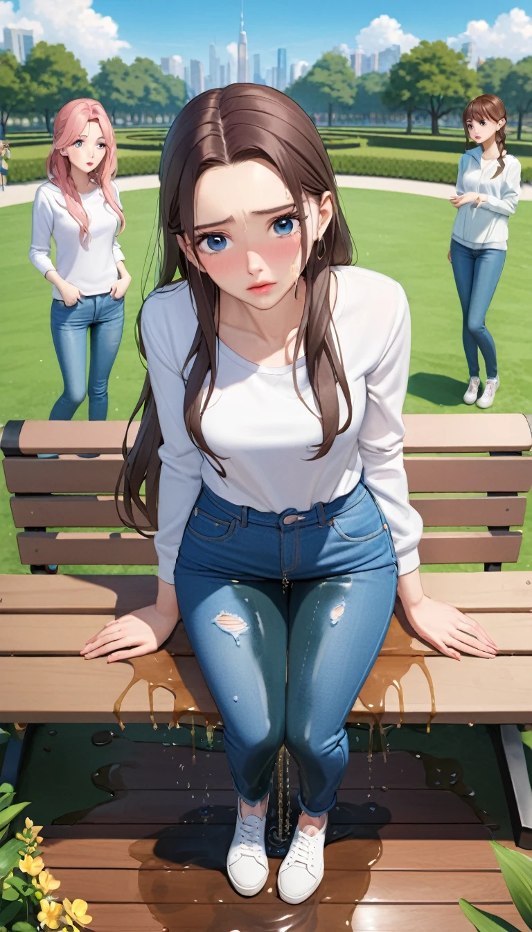 ((best quality, masterpiece:1.3, 8K)), (detailed), highly detailed face and skin texture, detailed eyes, park, pond, bench, full body, (slender body:1.1), (a group of girls:1.5), 25 years old, white skin, bright lips, scared, worried, embarrassed, long hair, (forehead:1.0), jeans pants, skinny jeans, blue jeans, (wetting themself:2.5),