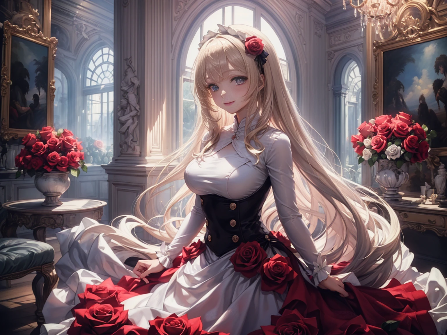 ,Super detailed,Beautiful attention to detail,girl with beautiful eyes, everyone, Beautiful Anime Girls, Cute Anime Girl,  Anime Style, Elegant colors, Soft lighting, Delicate and beautiful wet eyes, Very coquettish, (Beautiful big breasts:1.2), (The right move:1.2)(Highest quality)), ((masterpiece)), ((Super detailed)), (Very delicate and beautiful),(Rose fractal art:1.5),Beautiful girl, Fine grain,Abstract and mysterious girl, Long blonde hair,Pink Dress, Dreamy swirls of pastel colors and soft light, Evokes a sense of serene serenity and elusive beauty,Attention to detail,Captivating smile,Imaginative,In a room with flowers,Cowboy Shot、A charming Western alley、Gothic architecture、Western architecture、Fantasy World、