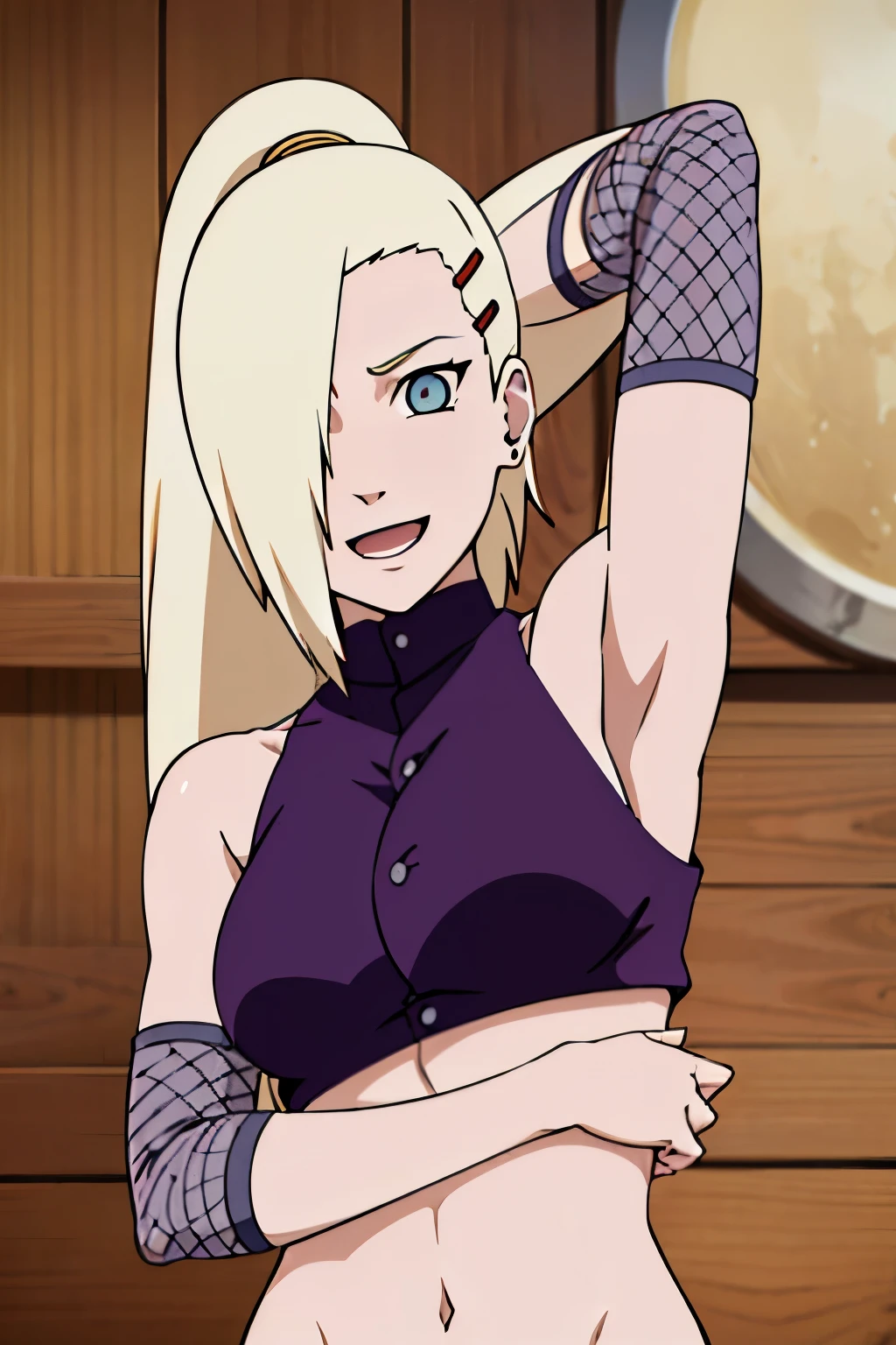 (lying), Ino yamanaka, looking at the viewer, from below, ultra detailed face, sunny day, day time, upper body view, anime style, solo, detailed home, blonde, (purple clothes), ((one eye covered with hair, hair over eye)), medium breasts, belly button, looking at the viewer, thick arms, (off-shoulders, wide shoulders, very little biceps, curving body), hidden eye, smile, open mouth, very happy, tall, hair clip, sharp look, sharp face, sharp eye, cold colors, waki