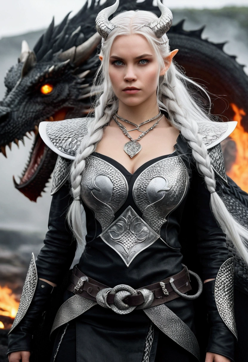  ****ung Dragon girl, tall stature, toned physique, big boobies, neckleace, in full height. long white hair braided viking style, asymmetrical bangs. grey-eyed. Black sexy clothes with scaly patterns. Silver horns on the head, Long tail of the silver dragon. Silver scales on the face. A silver fire burns around the body 