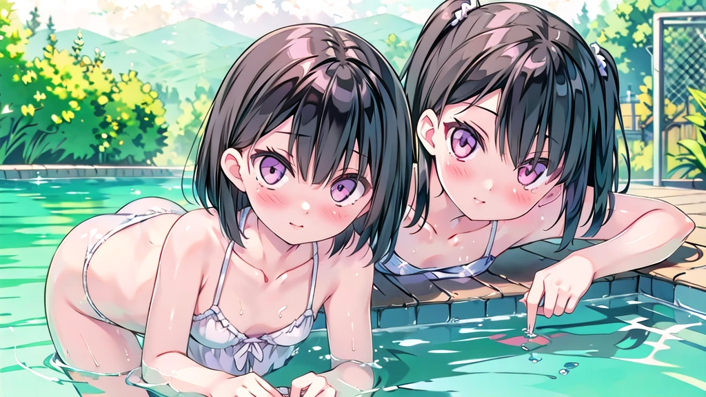 (masterpiece,highest quality,Ultra-high resolution,Highly detailed 8k wallpaper,Super detailed,Very condensed one girl,Delicate and beautiful features,Beautiful fine details,Beautiful lighting,anatomically correct),View Viewer,side angle,bikini,pool,lie on own back,embarrassed,nervous smile,13 years old,slender,middle hair, little two side up,flat chest,shiny hair,Fair skin,Straight black hair