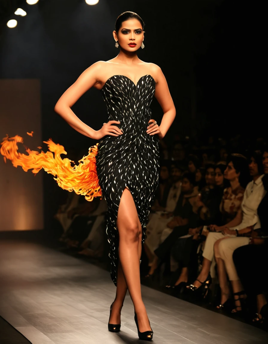 Generate an image of a beautiful woman walking the runway at a high-fashion show in Mumbai, wearing an avant-garde dress that looks like it is made of flames. The dress is dramatic, with fiery hues and intricate details that seem to move with her. She strides confidently down the runway, surrounded by dramatic lighting and a captivated audience. Her accessories are minimal to keep the focus on the dress, and she wears sleek, black high heels.