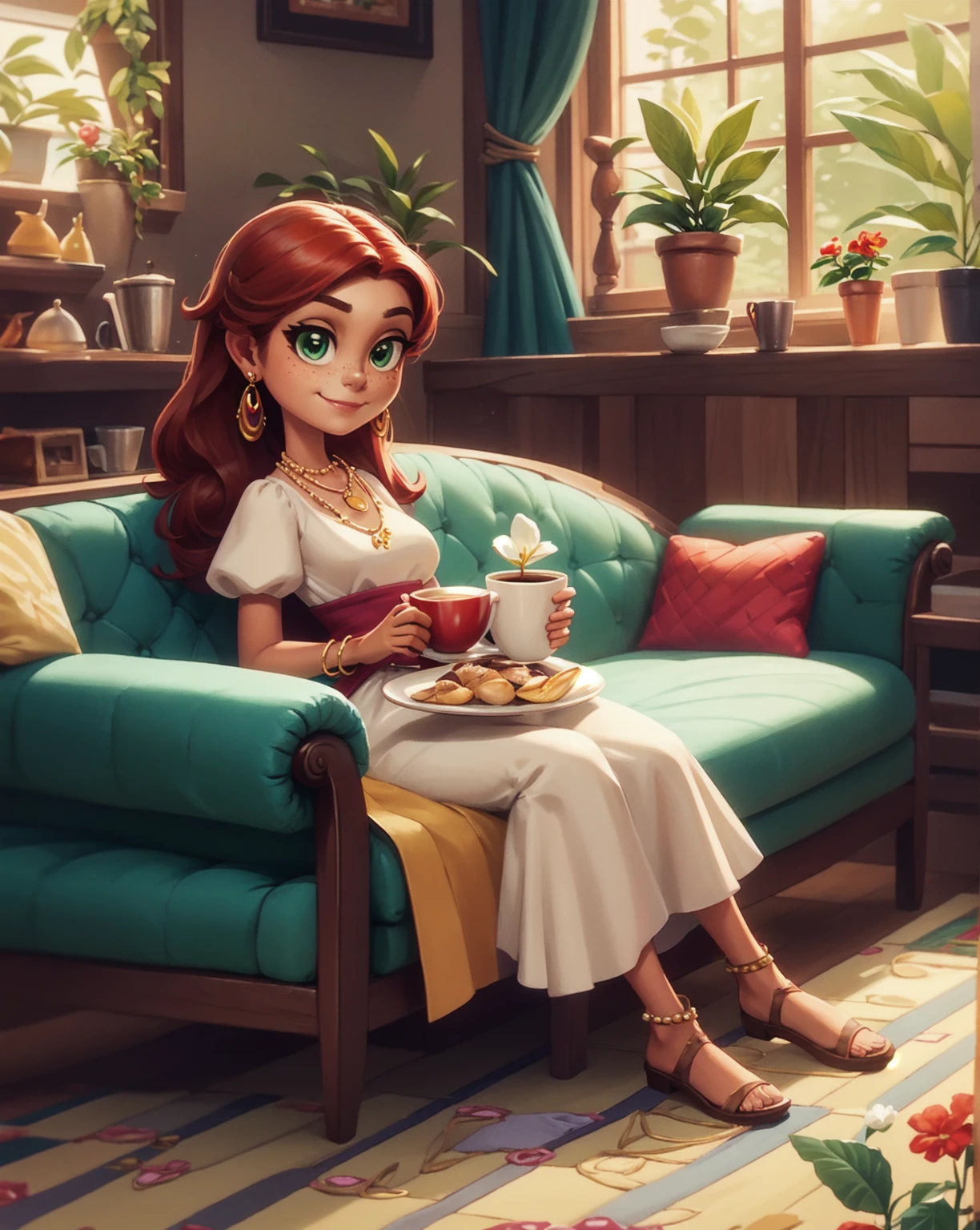 Concept Art,character illustration of a,European and American cartoons,(whole body:1.5),Mid-Long View,carpet,(Puppy lying on the floor),Looking at the camera,shoe,一个20岁的金发女生悠闲的sit在living room,Holding a cup of coffee,A laid-back expression,Relax,Leisure,European and American cartoons,1 Girl,freckle,Solitary,Jewelry,Green Eyes,Weaving,earrings,twin Weavings,necklace,Looking at the audience,Red hair,plant,Puff sleeves,bracelet,Smile,Long hair,puffy short sleeve,Necklace,dress,flower,Coffee cup,Gloves,earrings,Jewelry,肘部Gloves,cup,,sit,sofa,window,sofa,living room,solo