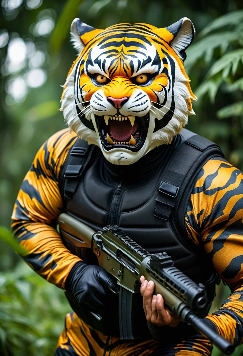 (a dark-skinned fat muscular old man in a bulky camouflage zipper diver suit) shooting with a gun and (wearing roaring siberian tiger mask that show the wearer eyes), muscular, Basuki Abdullah, sumatraism, action, a character portrait, heroic, fierce, snarling