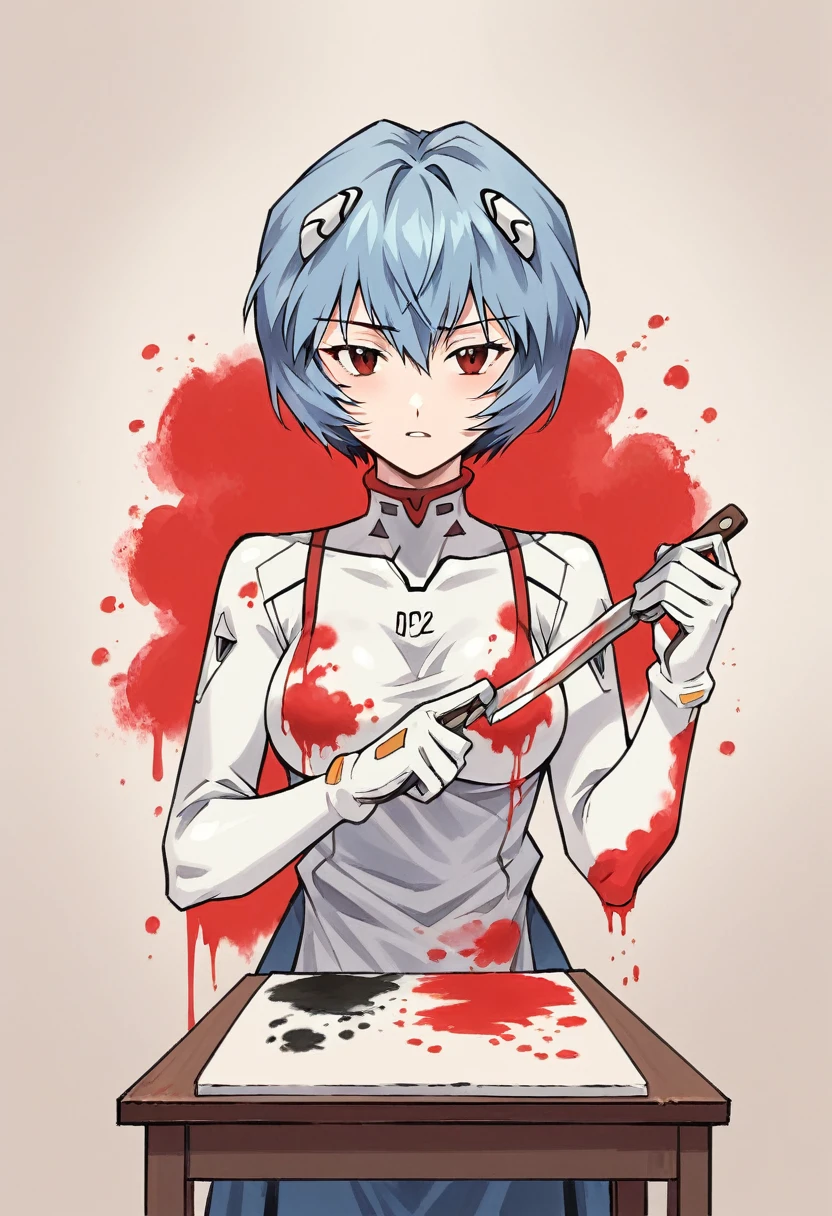 painting of a rei ayanami Evangelion with a red line on it, thick painting, smeared acrylic paint, very very coherent painting, unstirred paint, thick oil painting, mad painting, smudged paint, detailed paintings, paint smeared with palette knife, intense painting, thick paint visible, abstracted painterly techniques, inspired by Larry Zox