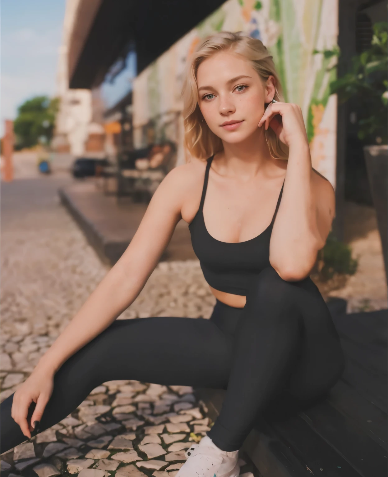 a one woman, americana, age 25, pale skin and freckles, grey-eyed, delicate nose, soft and delicate lips, distant, distant, wavy, waist-length blonde hair, Sweet smile, face with delicate feminine facial features, Highly Rendering, golden bracelet