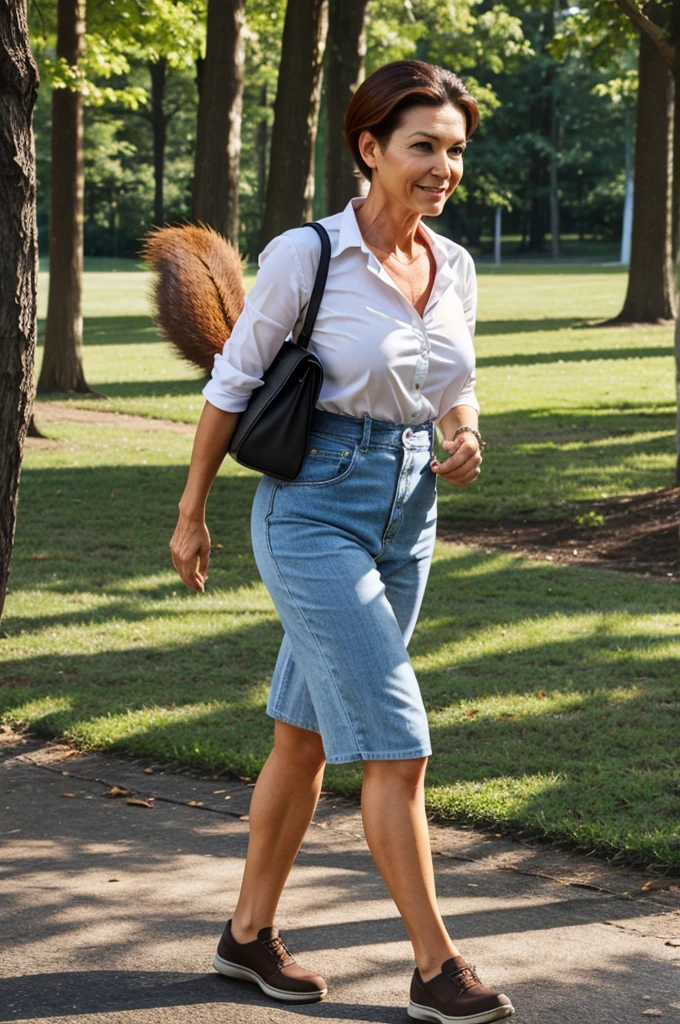 A middle aged woman with face of a squirrel walking