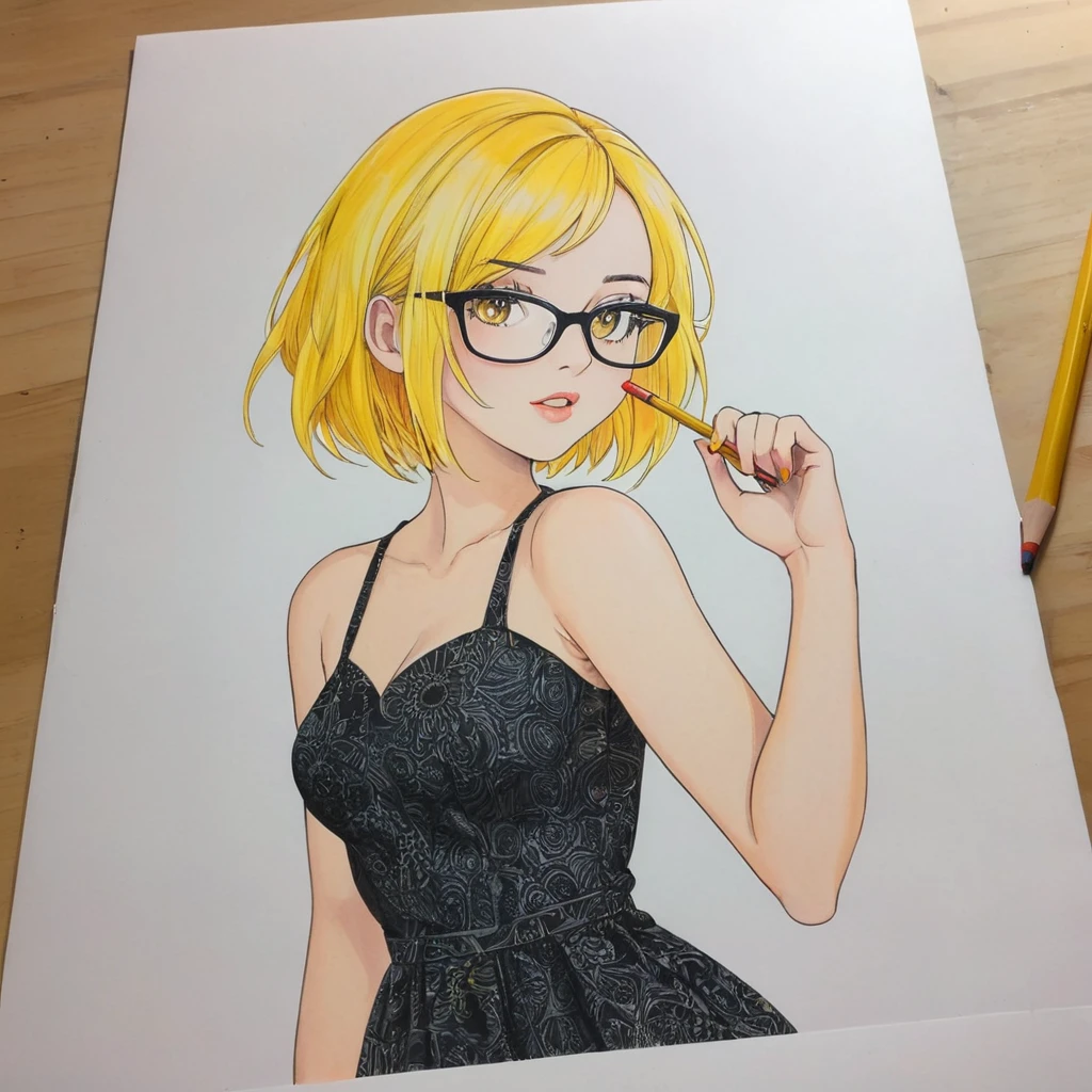 female,dress,white,Art,ad,colour pencil drawing,draft drawing ,comic collage,illustration,Black and yellow hair,Wearing glasses,short hair