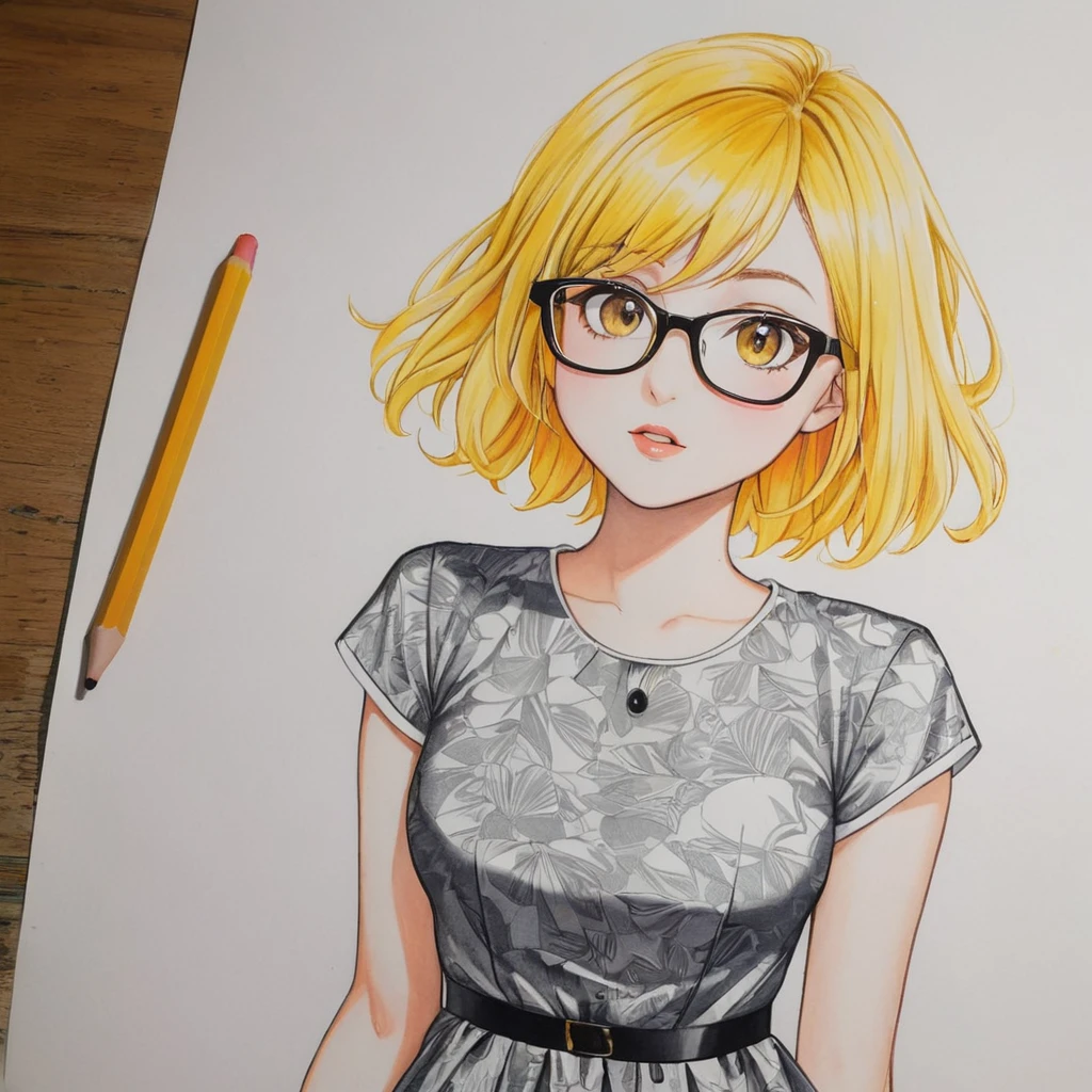 female,dress,white,Art,ad,colour pencil drawing,draft drawing ,comic collage,illustration,Black and yellow hair,Wearing glasses,short hair