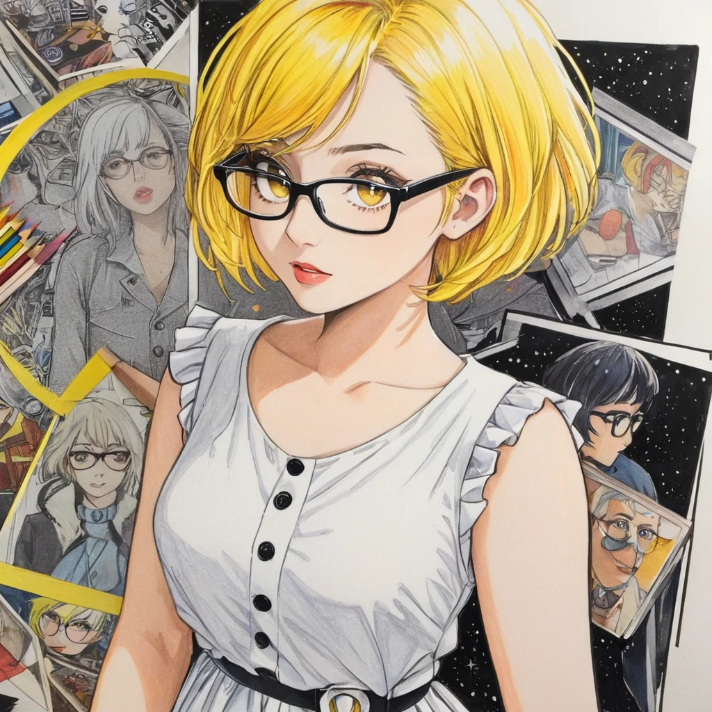  female，dress，white，Art，ad，colour pencil drawing，draft drawing ，comic collage，illustration，Black and yellow hair，Wearing glasses，short hair